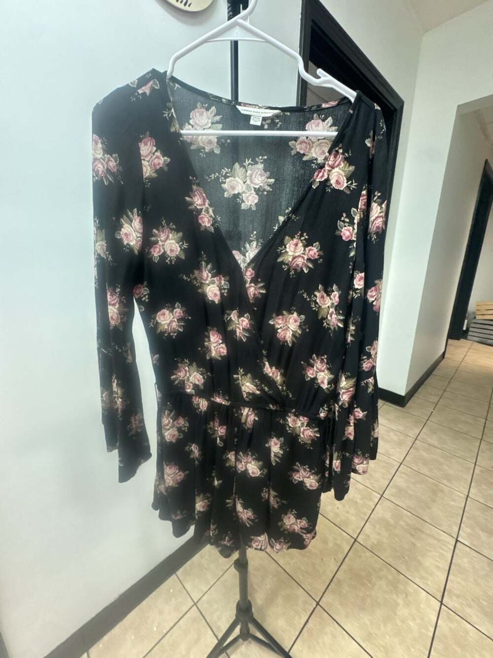 American Eagle Outfitters Black Floral Long Sleeve Bell Sleeve Romper